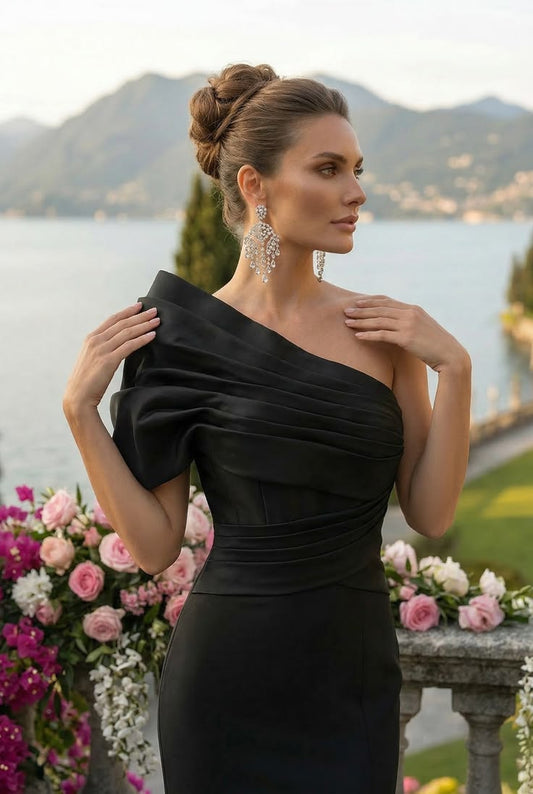 Elegant Black One-Shoulder Satin Mermaid Prom Dress DP8496