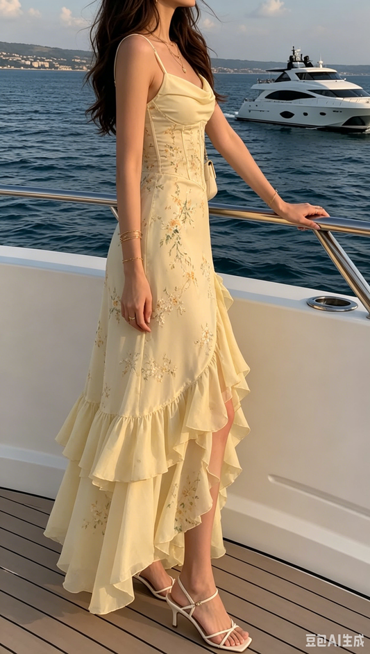 Elegant Pale Yellow Spaghetti Strap Embroidery Ruffle Evening Gown DP8472