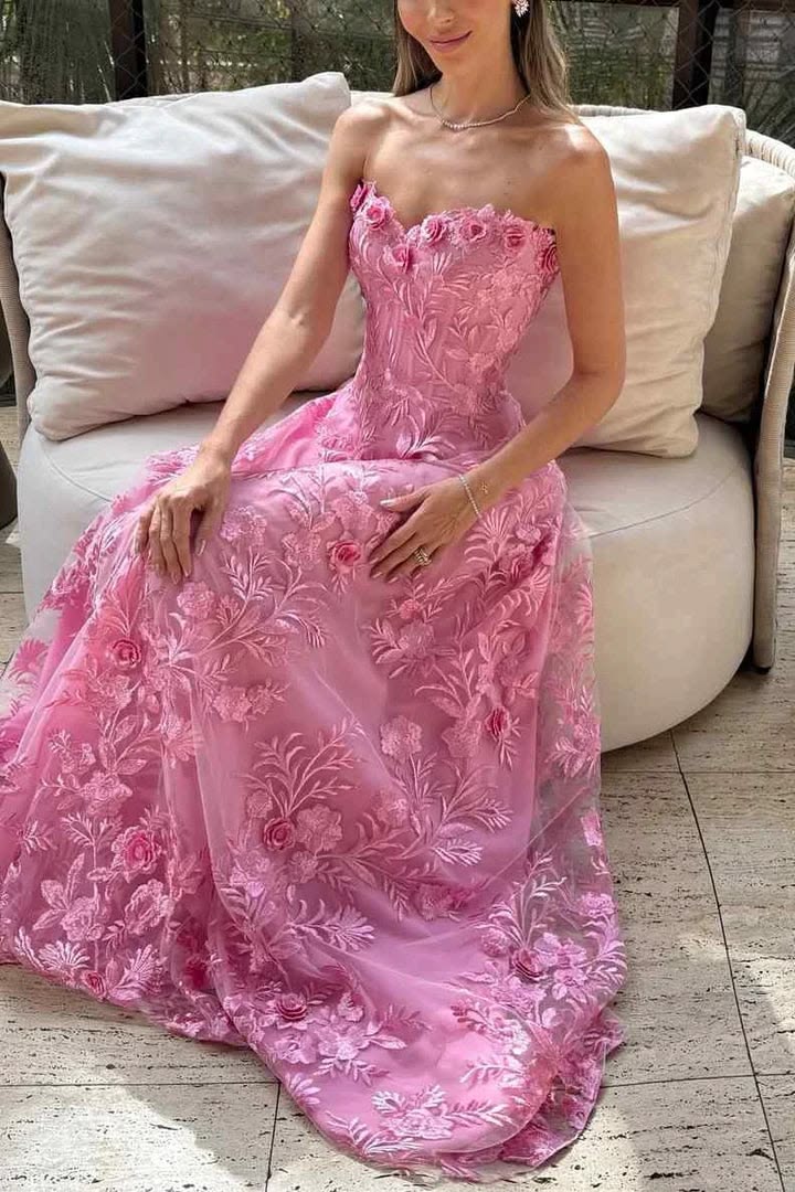 Elegant Pink 3D Floral Lace Strapless Ball Gown Sweetheart A-Line Prom Dress Evening Gown DP8188