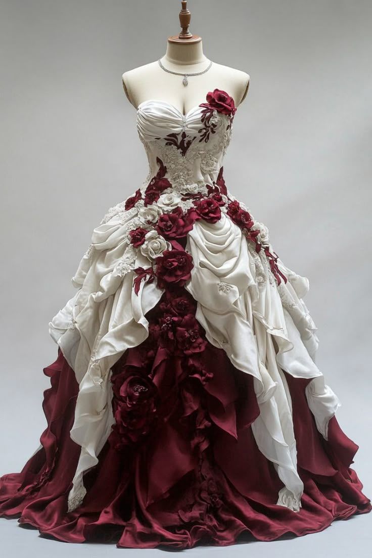 Gothic-Inspired Ivory & Burgundy 3D Rose Appliques Ruffled Satin & Lace Quinceanera Ball Gown DP7169