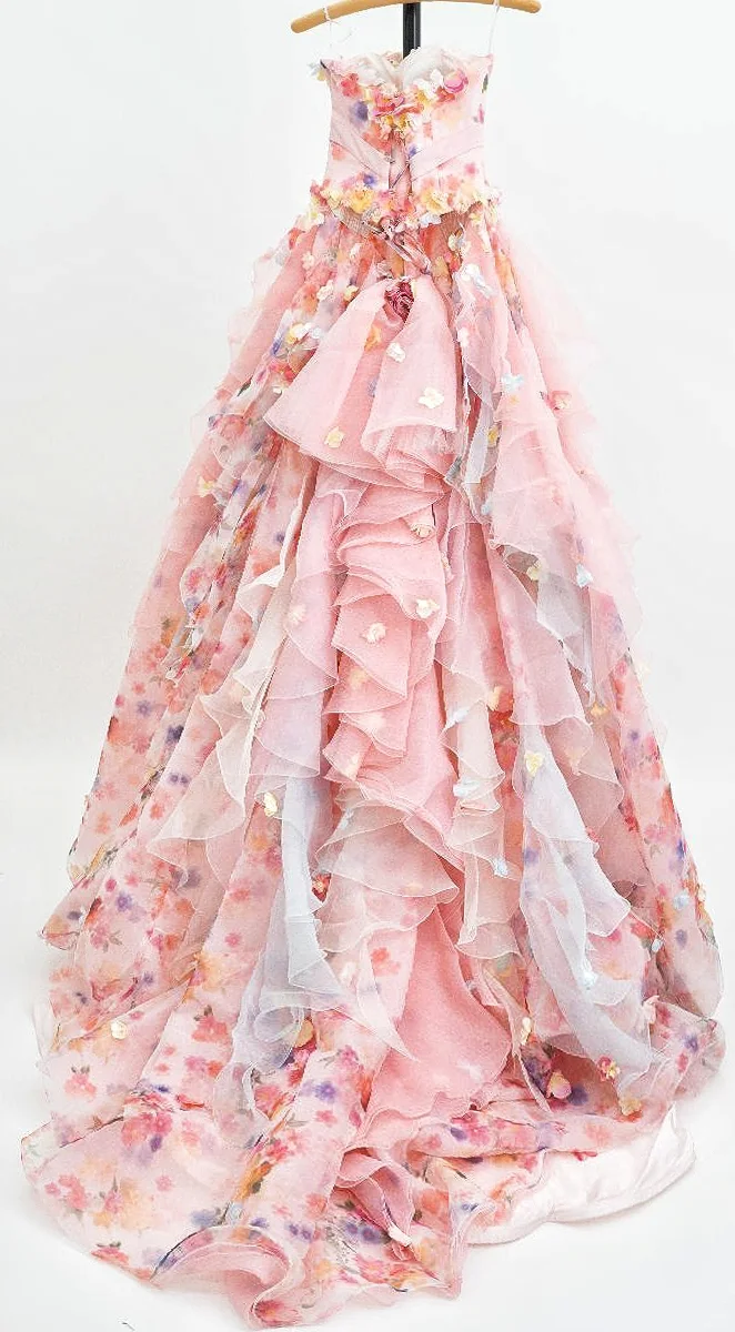 Glamouröses, trägerloses, pinkfarbenes A-Linien-Abendkleid mit 3D-Blumenmuster und Rüschen aus Tüll (DP7549)