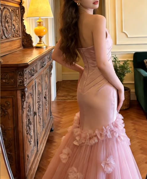 Elegant Blush Pink Satin Mermaid 3D Floral Tulle Evening Gown Prom Dress DP8170