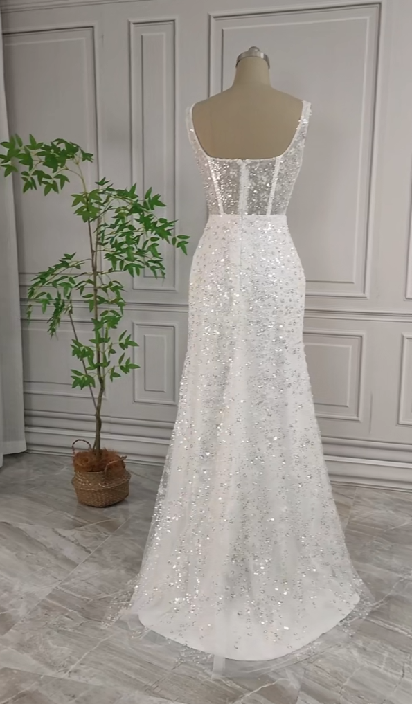Wunderschönes weißes glitzerndes Pailletten-Perlen-Herzstück-A-Linie-langes Ballkleid Partykleid Abendkleid DP6496