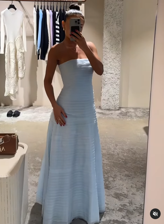 Light Blue Strapless A-Line Long Party Dress Wedding Guest Dress, DP3381