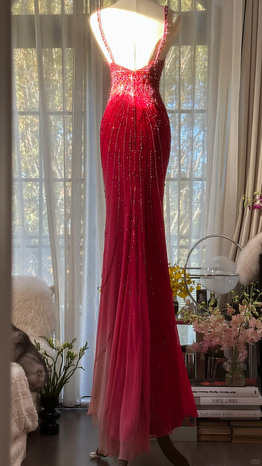 Retro Red V-neck Sparkling Beaded Mermaid Chiffon Ball Gown Evening Dress Prom Dress, DP5976