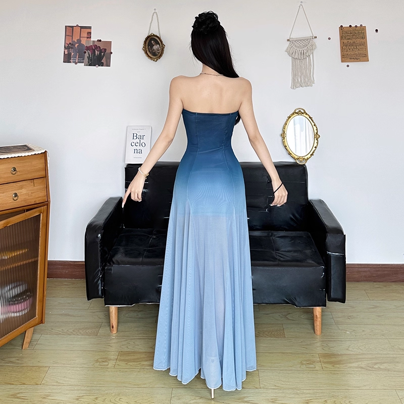 Simple Gradient Blue Sweetheart Strapless A-Line Summer Dresses Prom Dress Evening Dress DP6340