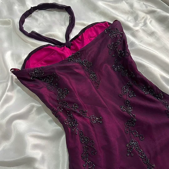 Vintage Dark Purple Halter Beading Ruffle Charming Party Dress, DP2277