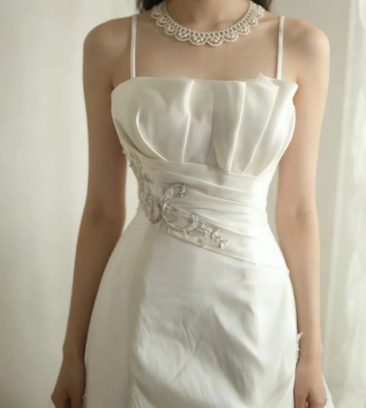 Vintage White Satin Spaghetti Strap Embroidery Ruched Bodice A-Line Wedding Dress DP7641