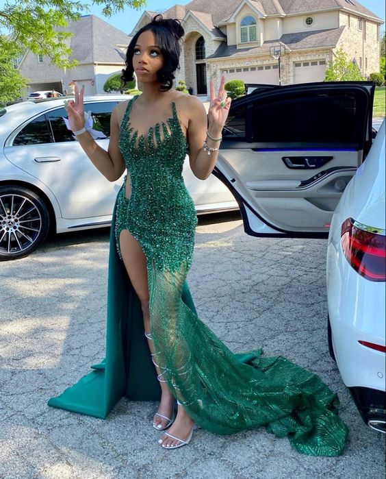 Vintage Green Shiny Beaded Mermaid Prom Dress Party Dress Evening Dress DP6475