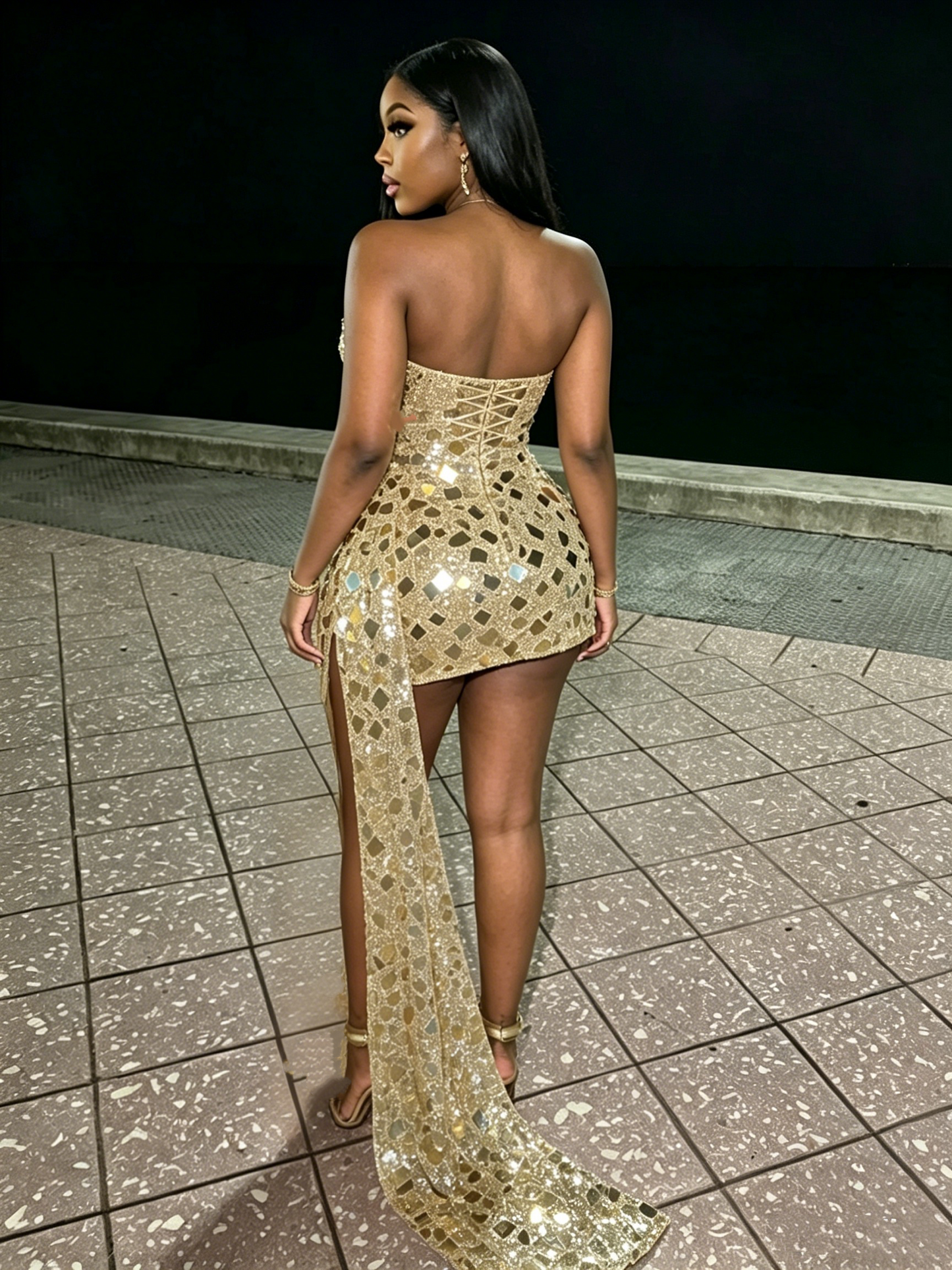 Sexy, goldfarbenes Pailletten-Minikleid mit tiefem V-Ausschnitt, trägerlos und hohem Schlitz für den Abschlussball DP2373