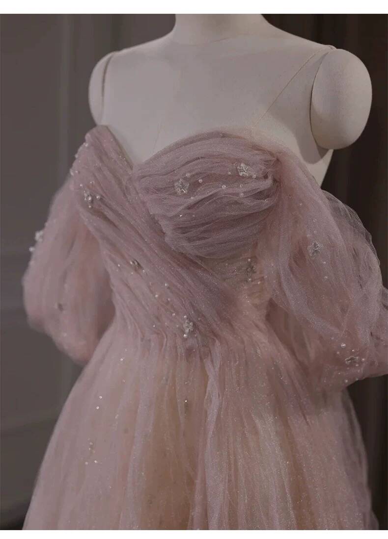 Rosa schulterfreies A-Linien-Tüll-Ballkleid, langes Abendkleid, DP3965