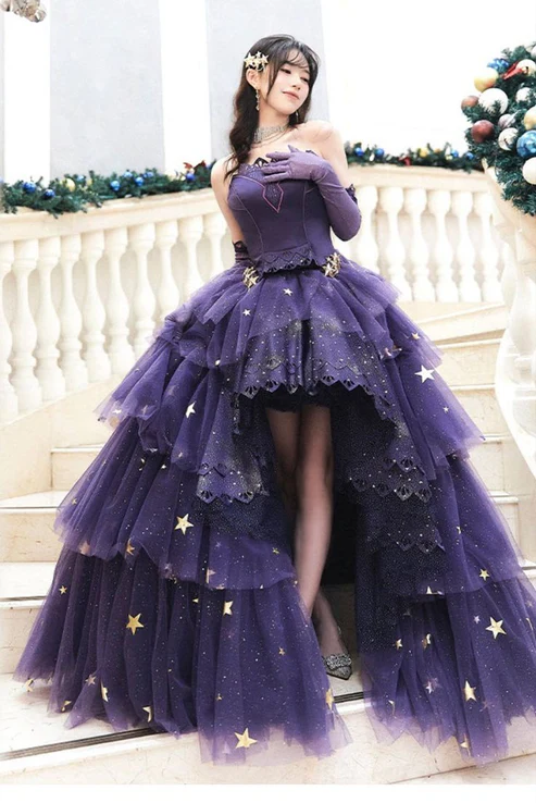 Stunning Purple Star Tulle Lace Evening Ball Gown Birthday Outfits, DP3425