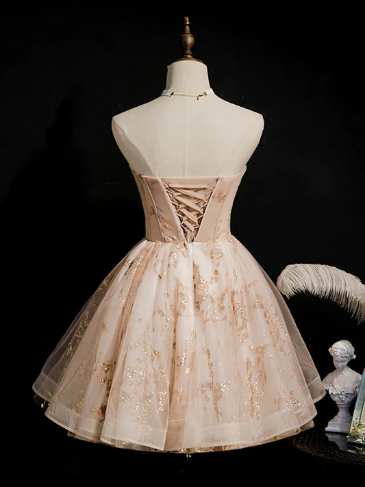 Vintage Champagne Applique Beaded Strapless Design A-line Tulle Party Dress Homecoming Dress DP6063