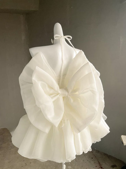 Robe de soirée courte sans manches et bustier, design nœud tendance, couleur blanc crème, DP5818