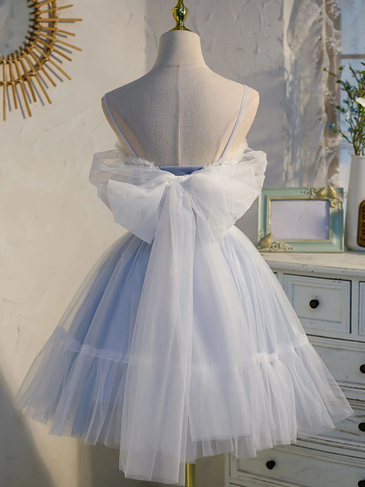 Robe de soirée trapèze en tulle bleu clair avec appliques et bretelles spaghetti, style vintage DP6065