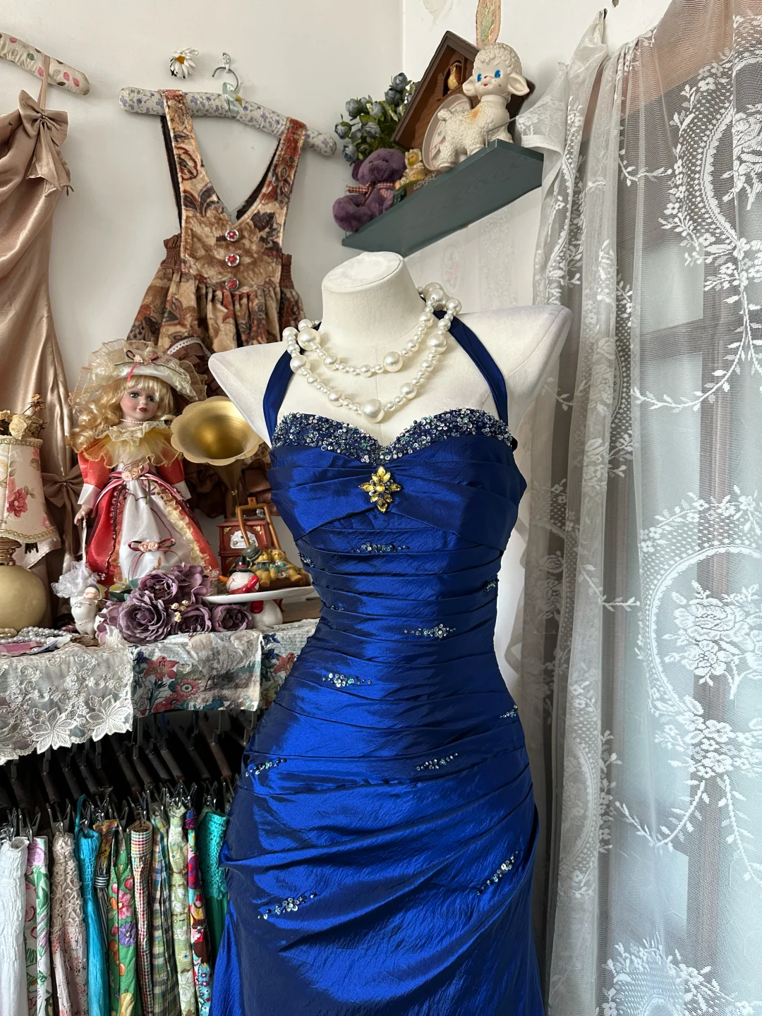 Vintage Royal Blue Satin Halter-Neck Beaded Formal Evening Gown DP7357