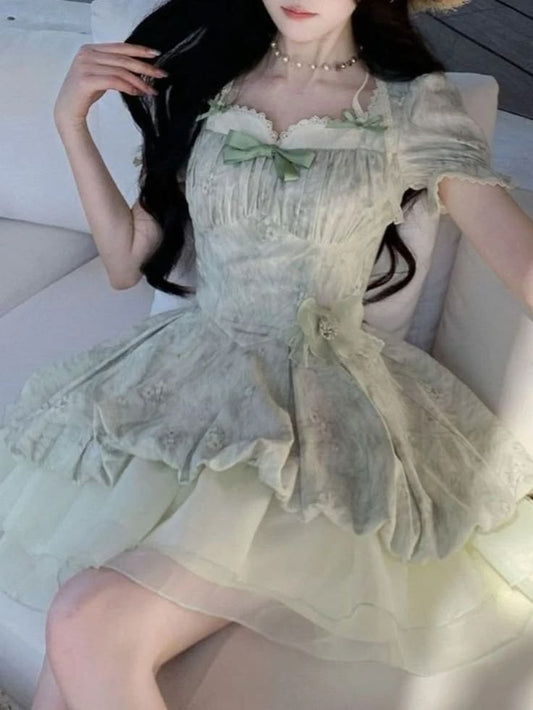 Lovely Sage Green Floral Print Corset Homecoming Dress Layered Tulle Mini Party Gown DP8259