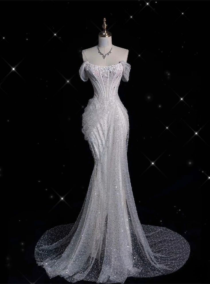 White Off Shoulder Sequins Mermaid Long Prom Dress Wedding Dress, DP3655
