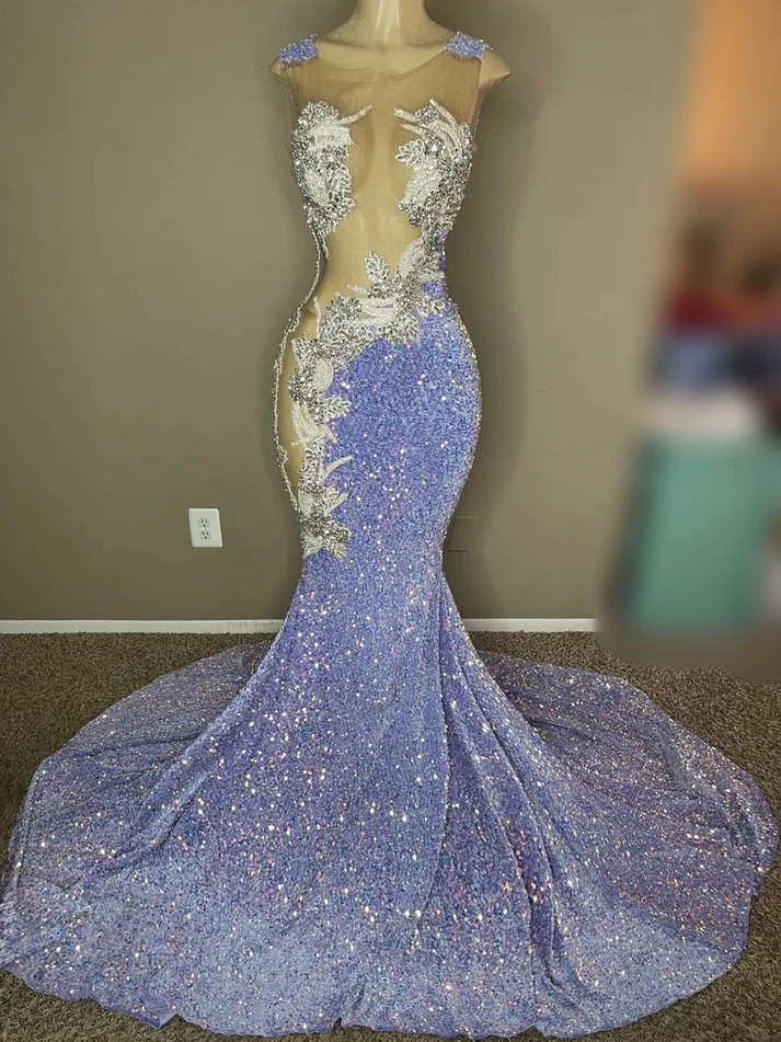 Lila Ballkleid Meerjungfrau Pailletten Applikationen Schwarzes Abendkleid für Mädchen, DP2388