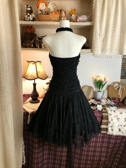 Vintage Black Strapless Lace Ruched Bodice A-Line Homecoming Dress DP8492