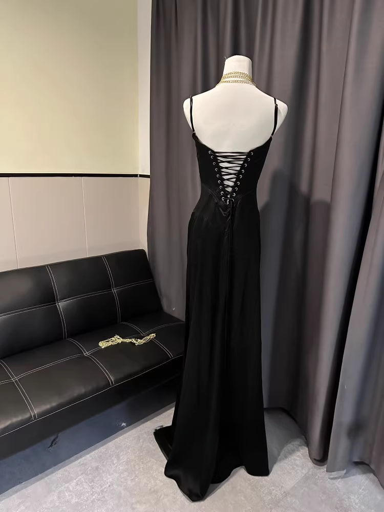 Elegant Black Satin Spaghetti Strap Ruched Bodice Evening Gown DP7401