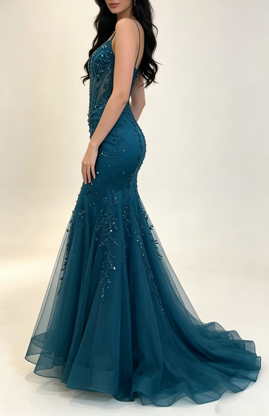 Elegant Teal Spaghetti Strap V-Neck Mermaid Floral Lace Beaded Tulle Formal Prom Dress DP8630