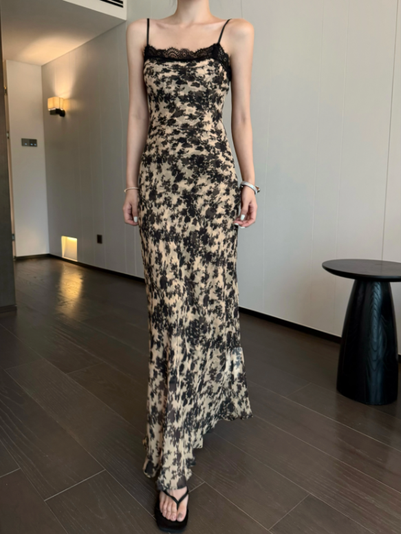 Simple Fashion Beige Floral Design A-line Beach Holiday Spaghetti Strap Dress, DP5947