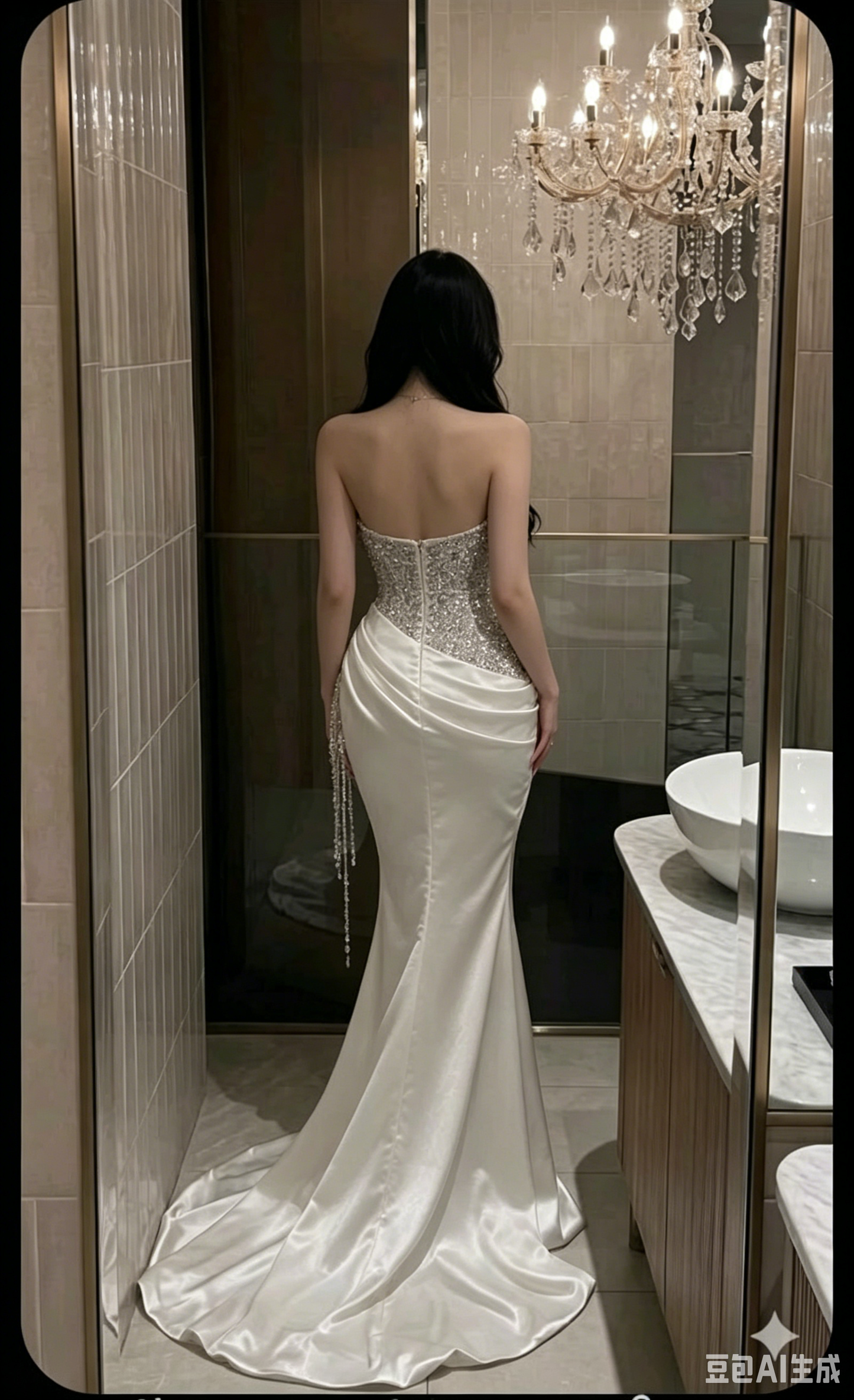 Glamouröses trägerloses Meerjungfrauen-Satin-Hochzeitskleid mit Raffungen DP8427