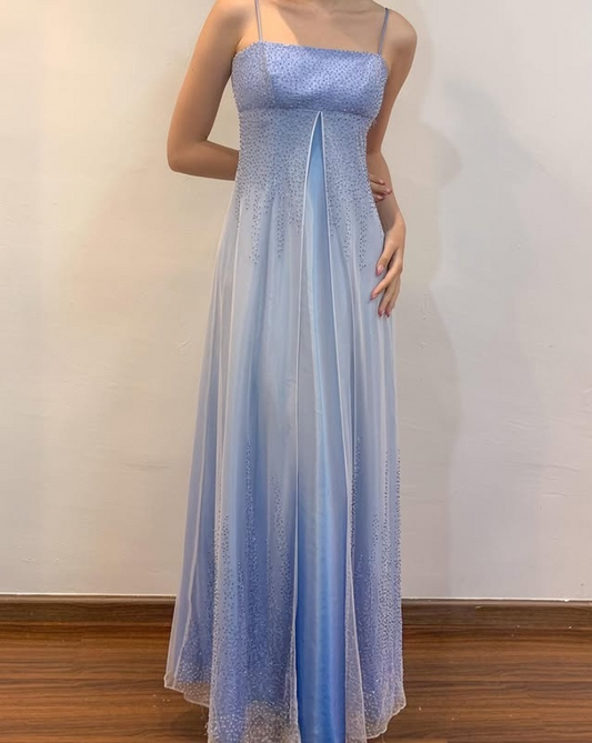 Light Blue Spaghetti Straps A-Line Satin Vintage Long Party Dress, DP3986