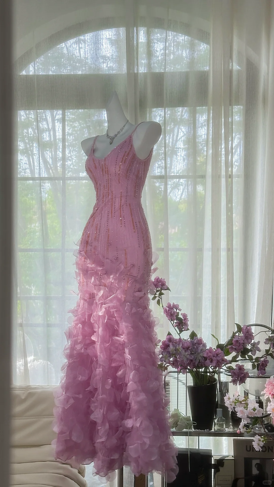 Vintage Shiny Sequin Hot Pink Spaghetti Strap Mermaid Chiffon Prom Dress Evening Dress DP6364