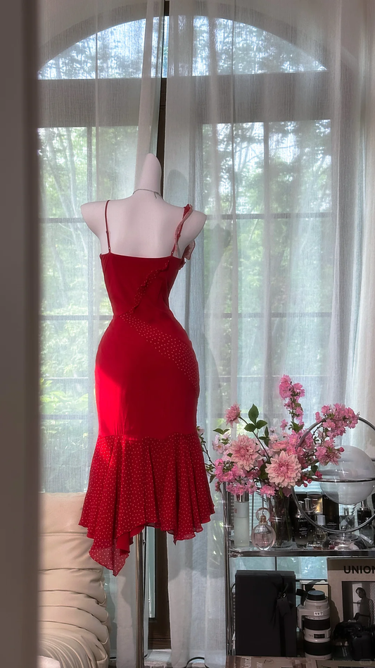 Romantic Red Polka Dot Mermaid Ruffle Homecoming Dress Party Dress DP8124