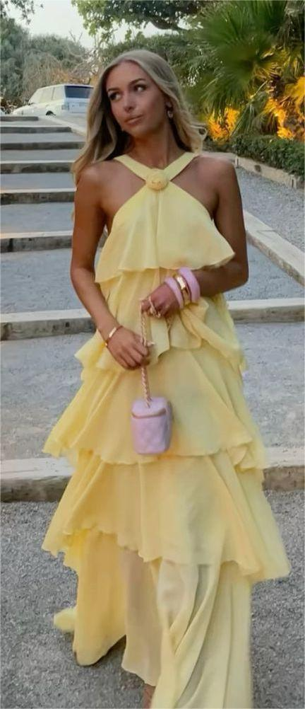 Elegant Pink Halter-Neck Tiered Ruffle Chiffon Prom Dress DP8453