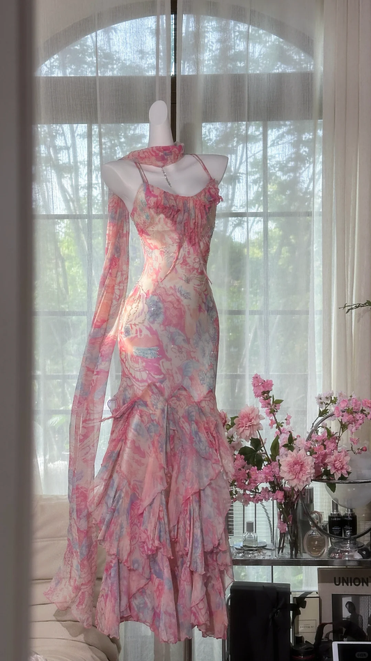 Gorgeous Pink Floral Seuqin Mermaid Chiffon Long Prom Dress Evening Dress DP6362