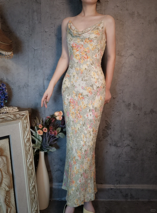 Vintage Floral Spaghetti Strap Sparkling Beaded Design Romantic Chiffon Evening Dress Prom Dress DP6052