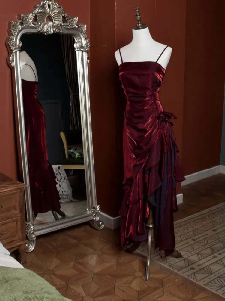 Dark Navy Straps Vintage Floral Asymmetrical Hem Long Prom Dress, DP3137