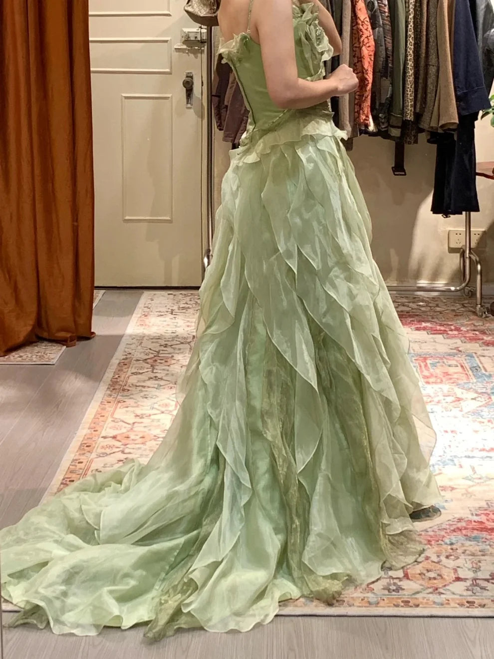 Elegant Sage Green Spaghetti Strap Mermaid 3D Floral Applique Ruffled Organza Evening Gown DP8820