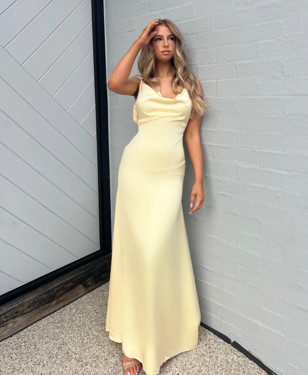 Light Yellow Pearls Backless Elegant Evening Party Dress, DP2421