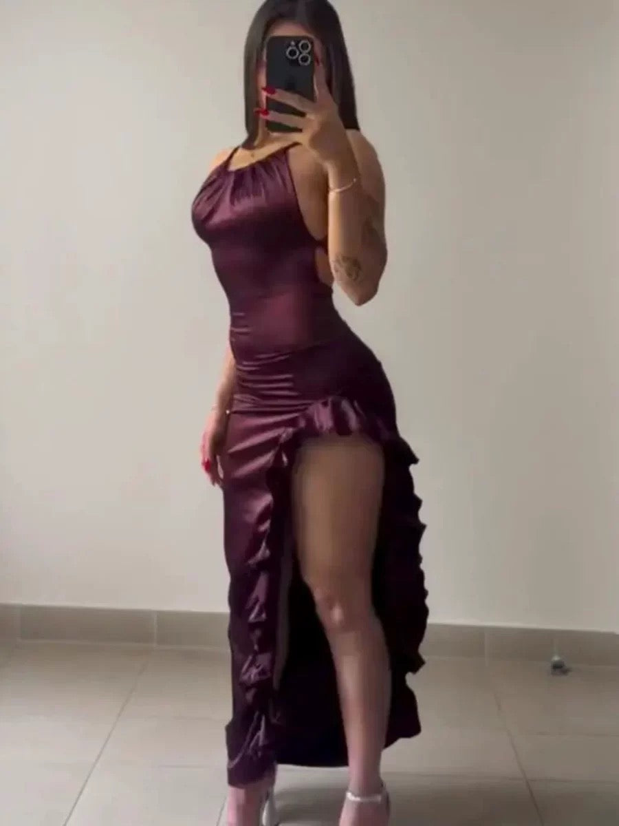 Vintage Backless Ruffle Asymmetrical Midi Length Party Dress, DP2563