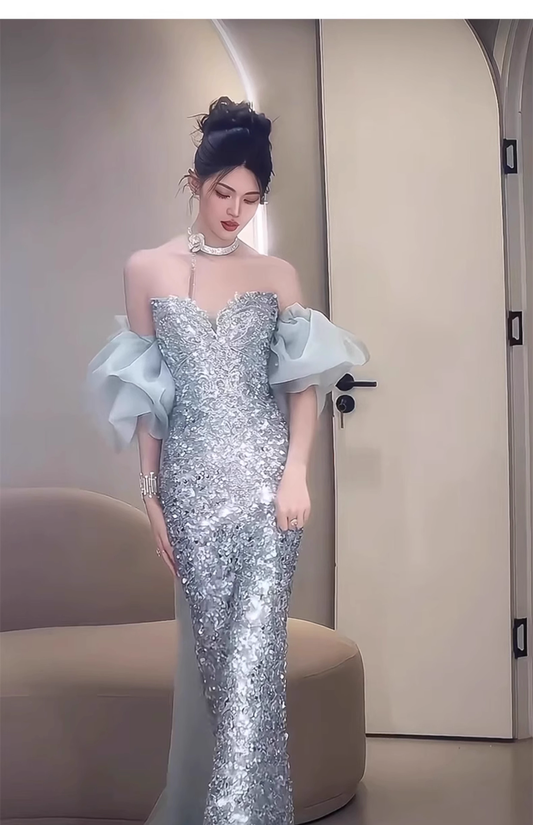 Elegant Shiny Sequin Off-the-shoulder Mermaid Long Prom Dress Party Dress Evening Dress DP6464