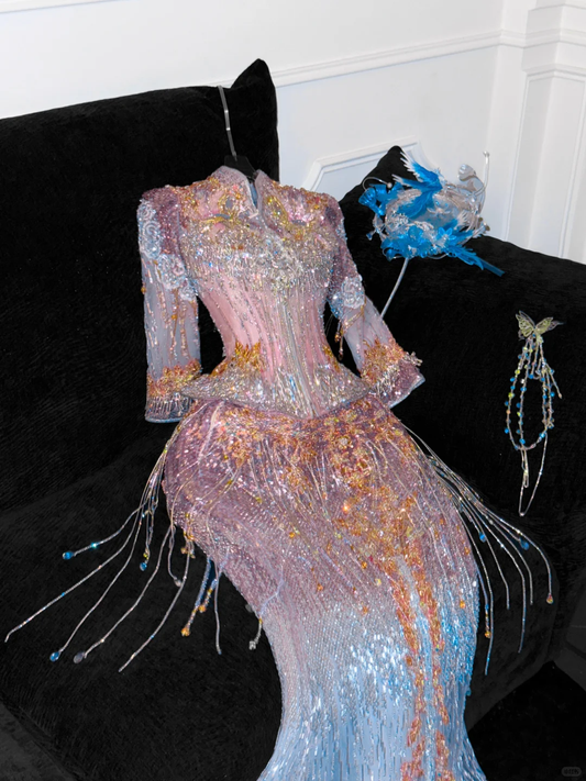 Fashion Sparkling Beaded Sequin Mermaid Elegant Chiffon Evening Dress Prom Dresses DP6165