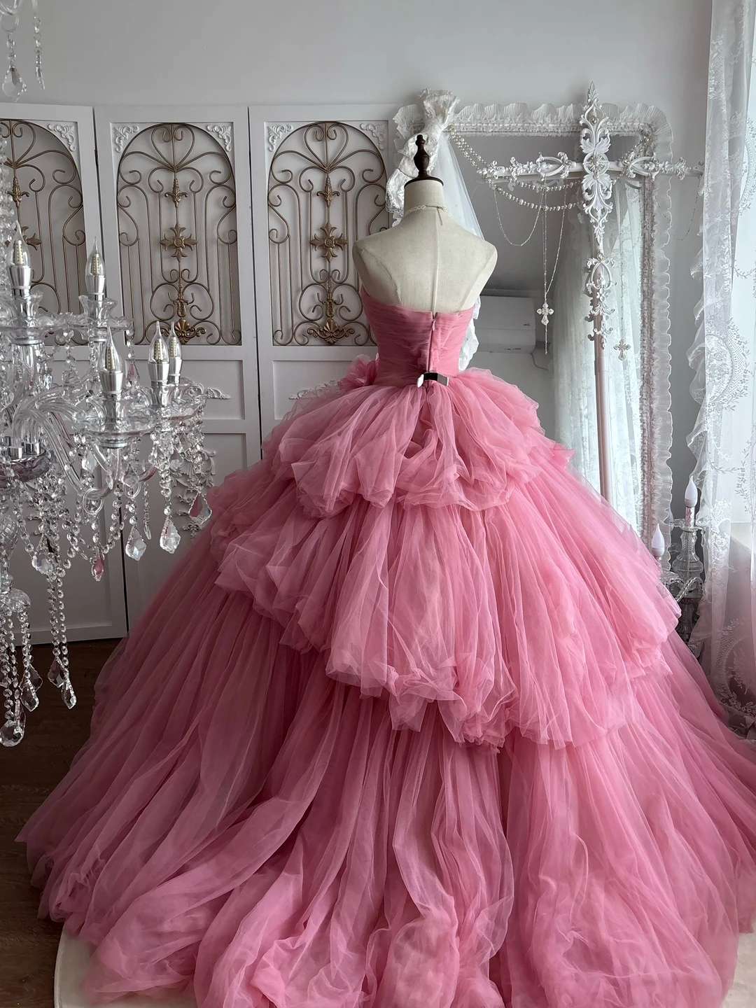 Elegant Pink Tulle Sweetheart 3D Floral Ruffled Quinceanera Sweet 15 Quinceanera Ball Gown DP8245