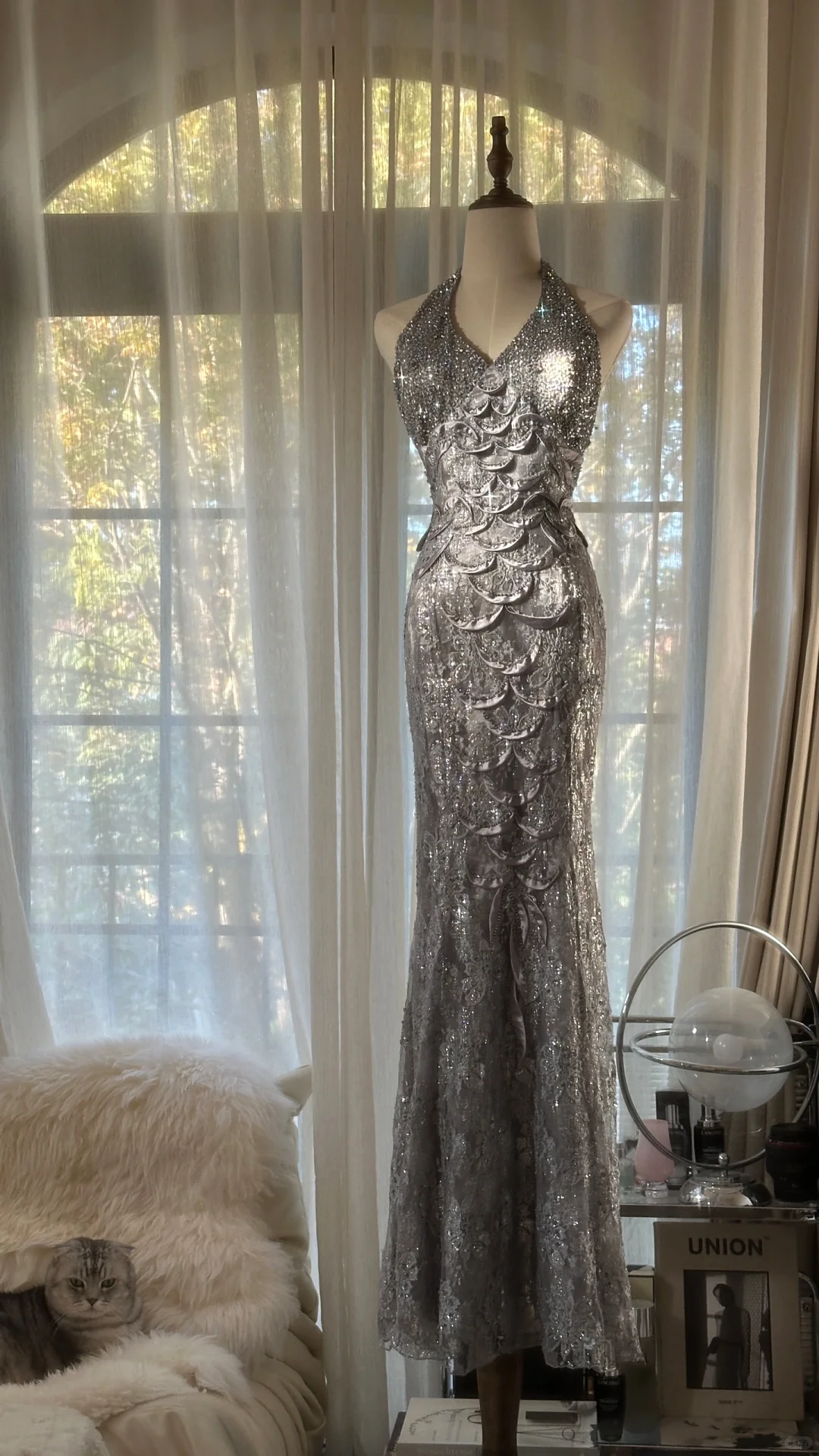 Vintage Silvery V-neck Sparkling Sequin Design Romantic Chiffon Evening Dress Prom Dress DP6015