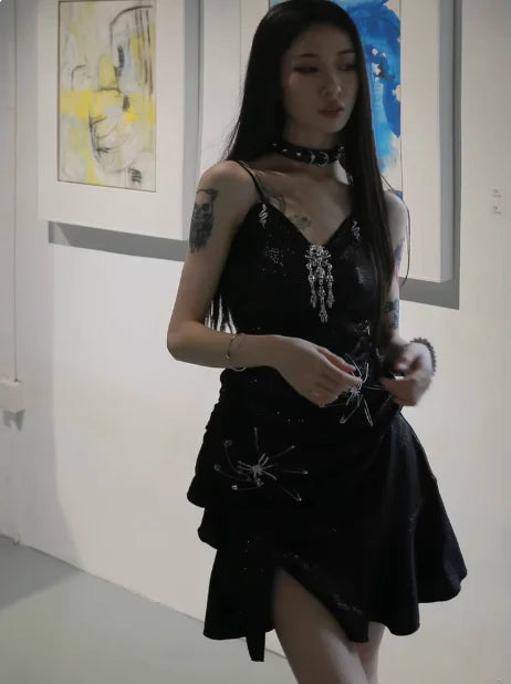 Robe de soirée noire scintillante à bretelles spaghetti et sequins pour 16e anniversaire, robe de bal DP6036