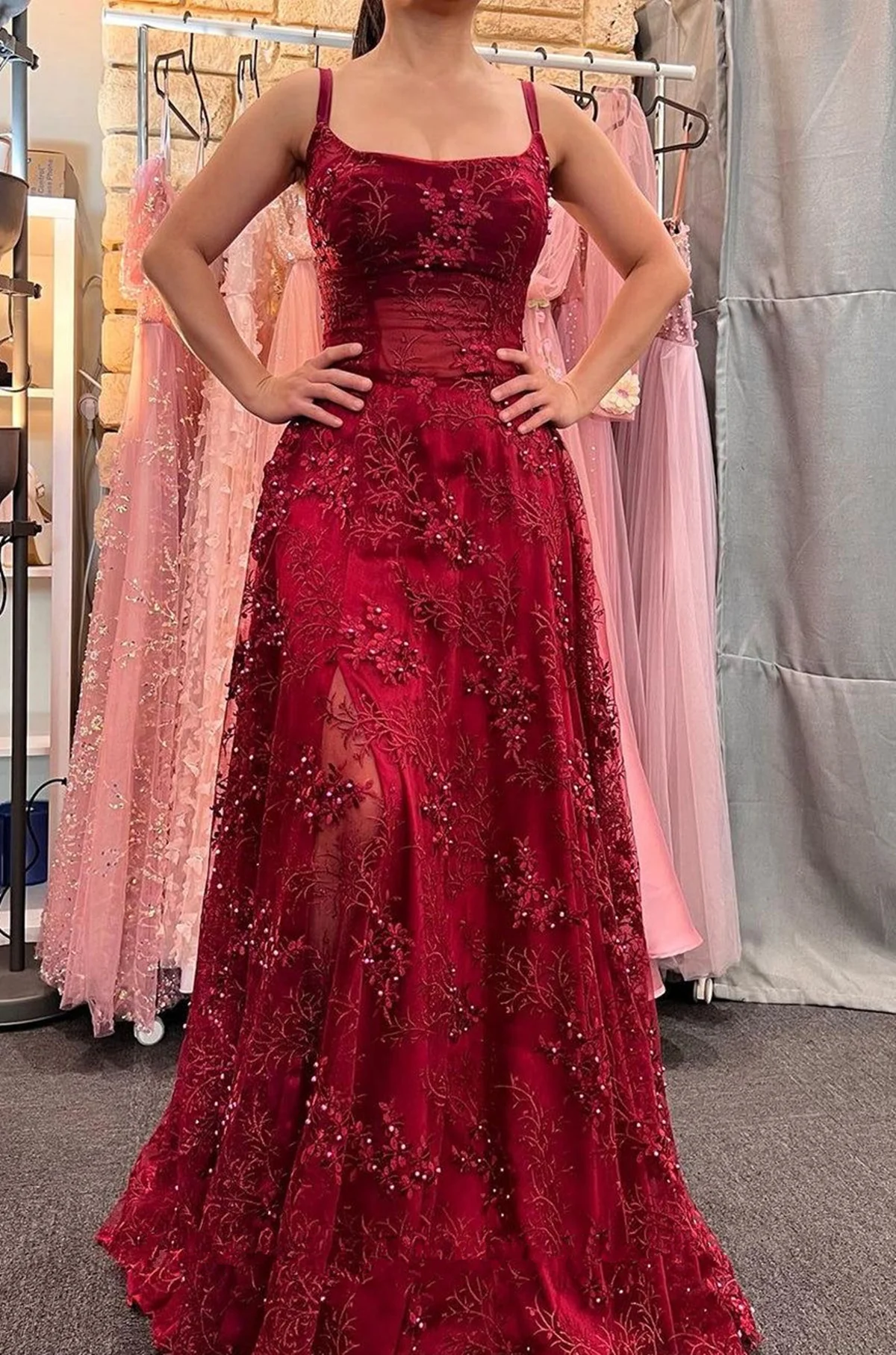 Robe de soirée longue trapèze rouge vin à bretelles spaghetti, DP2496