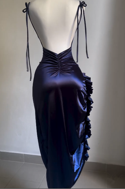 Navy Blue Open Back Ruffles Midi Length Party Dress, DP2588