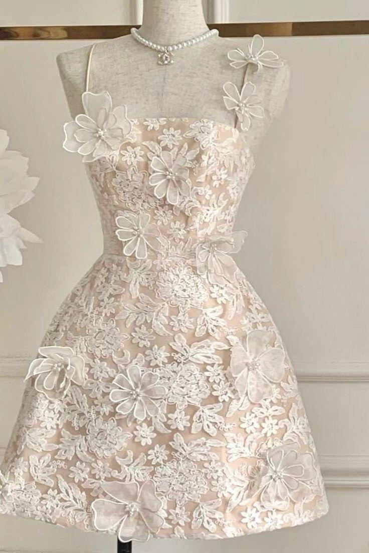 Lovely Floral Straps Lace Homecoming Dress Birthday Outfits, DP3045