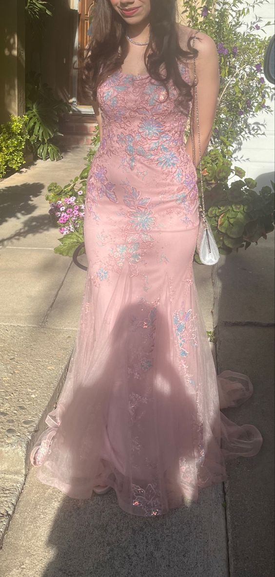 Robe de bal longue sirène rose à bretelles et appliques en tulle, DP2806