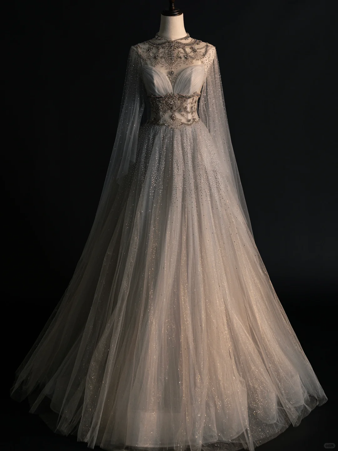 Gorgeous A-Line Tulle Beading Long Prom Dress Evening Gown with Cape, DP5217