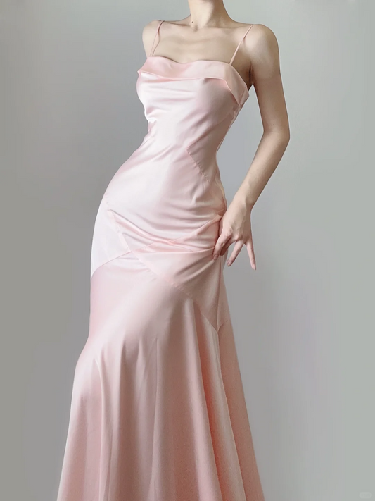 Elegant Pink Spaghrtti Straps A-Line Satin Long Party Dress Weding Guest Dress, DP5370