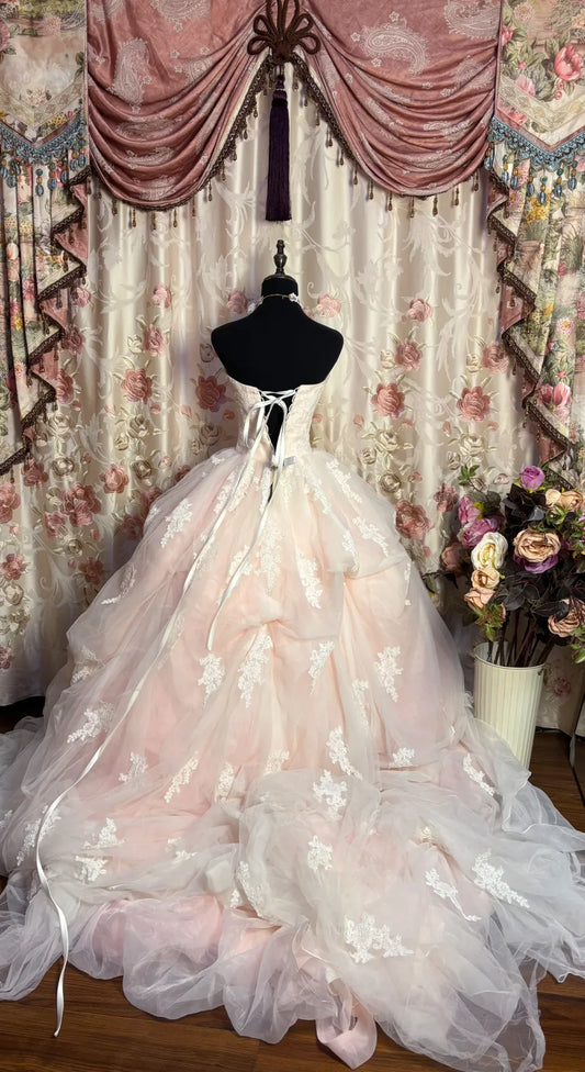 Retro Light Pink Sweetheart Applique Strapless Tulle Sweet 16 Quinceanera A-Line Evening Dress Ball Gown DP6284